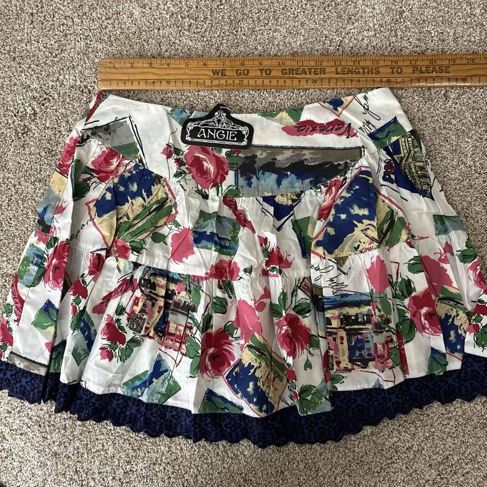 Angie Italy L Ruffle Pleated Mini‎ Skirt Picturesque Flare Floral Travel NEW